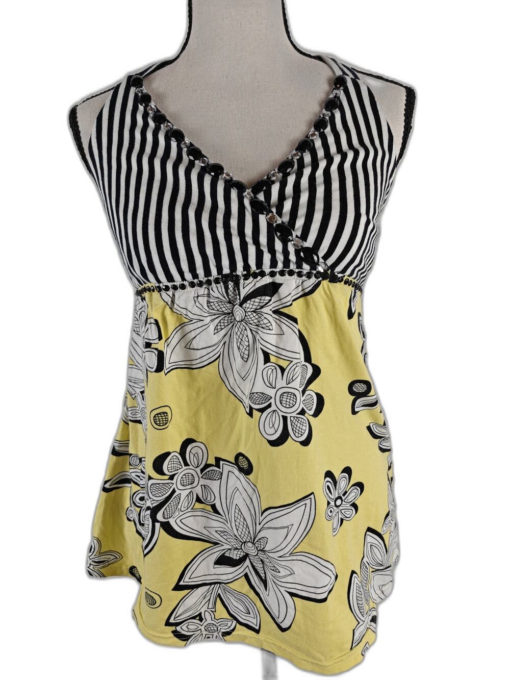Women's Joyous & Free Halter Tank Top Yellow Floral Black White Striped XS